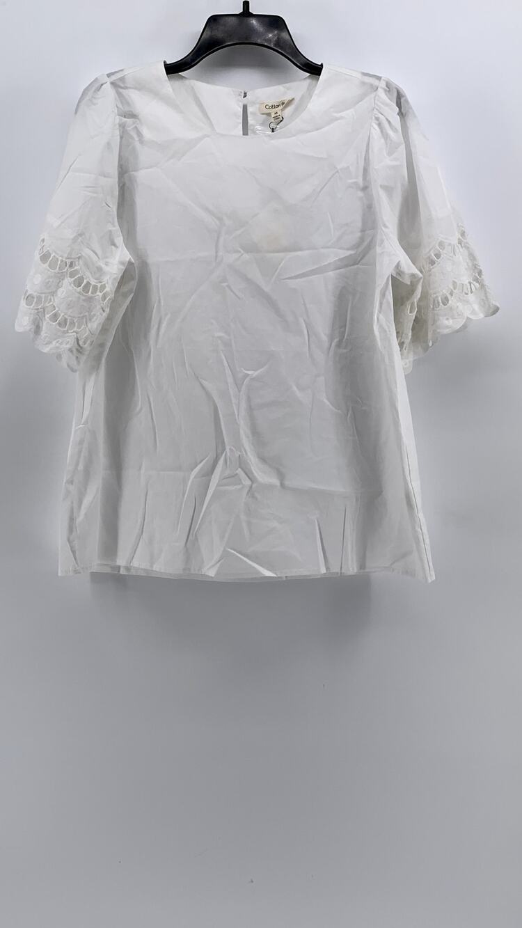 COTTON BLEU Women's White Cotton Lace Eyelet Elbow Sleeve Top SZ M